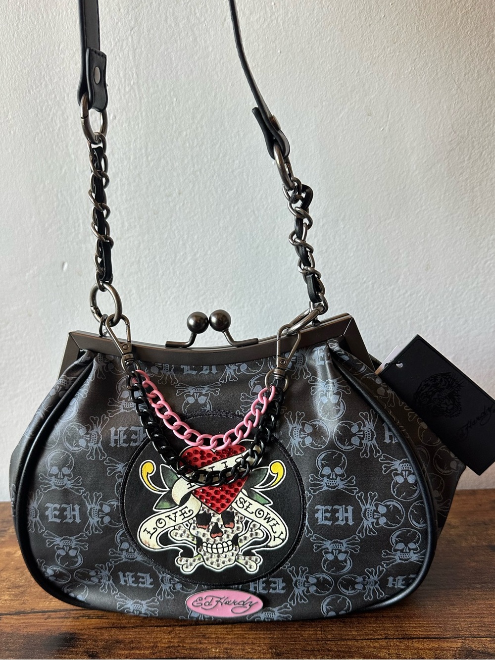 Ed Hardy Black Shoulder Bag with Rhinestone Skull, Skull Print, Kiss Lock NWT